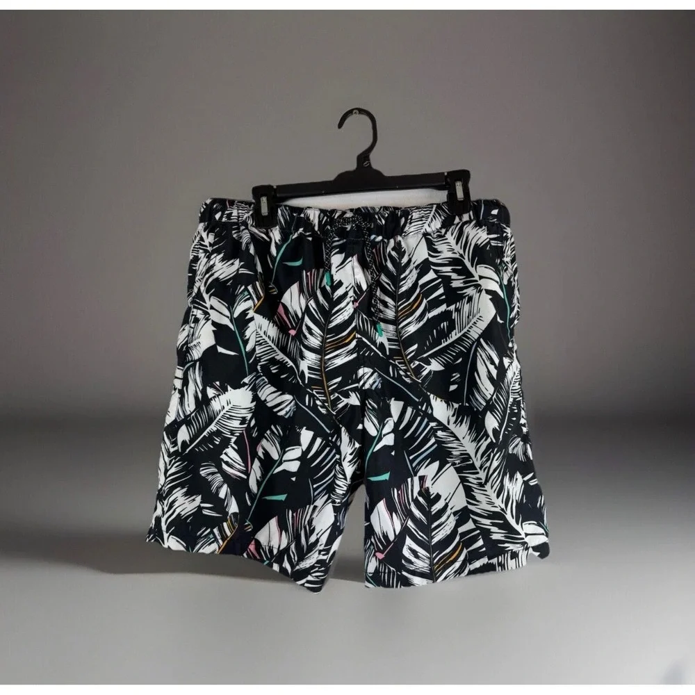 Empyre Swim Trunks Men Large Black White Tropical Palm Leaf Mesh Lined Shorts